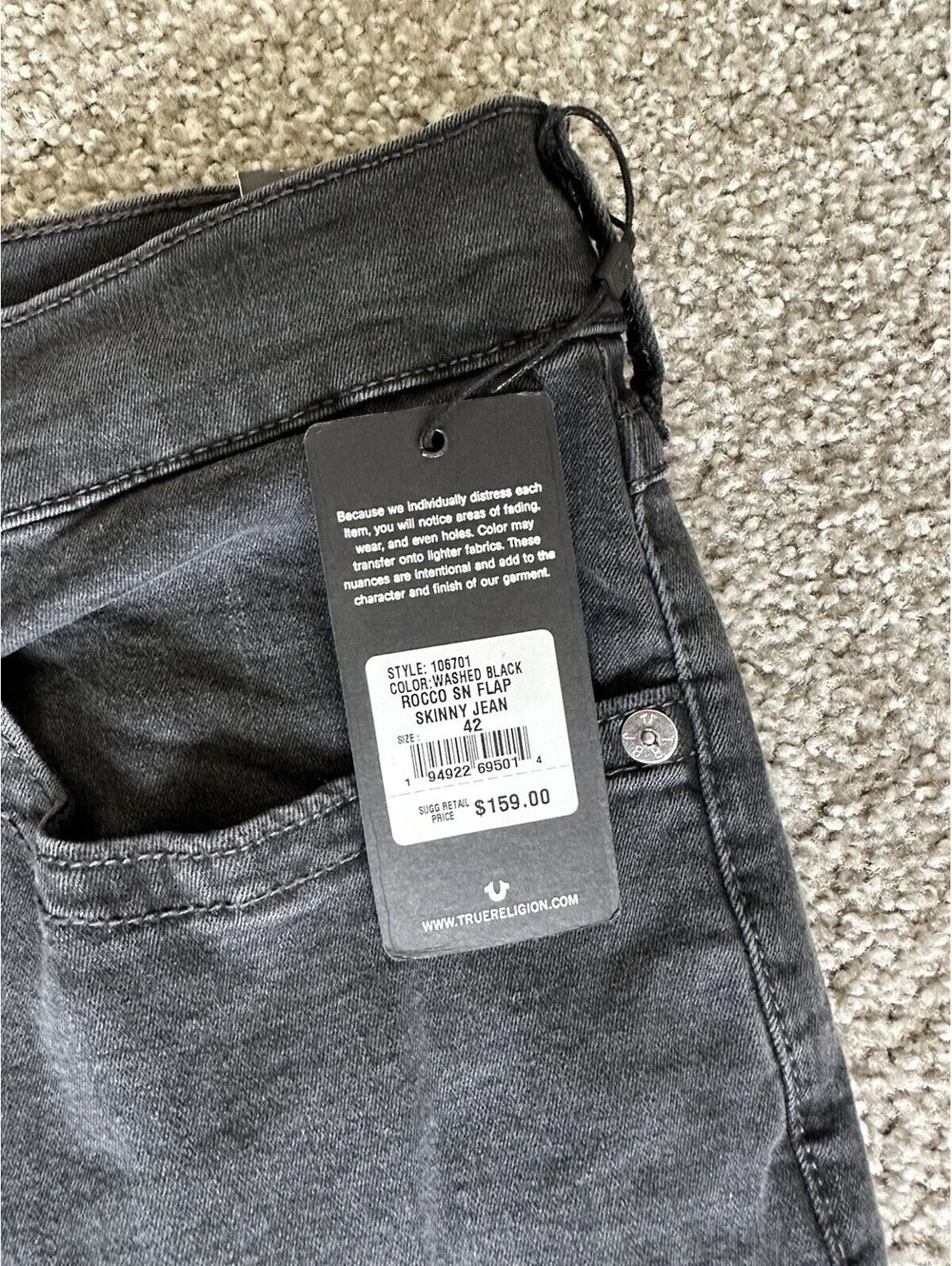 True Religion Rocco Flap SN Relaxed Skinny Jeans Washed Black Men’s Size 42 New